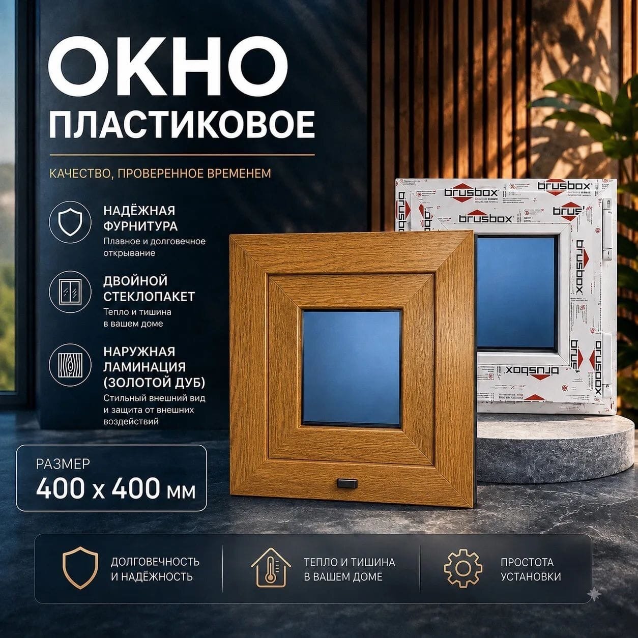 Окно ПВХ 60мм ; с ламинацией; золотой дуб; 400х400 мм; обычное стекло/правое/поворотное