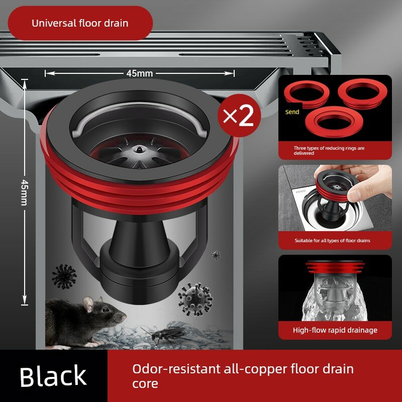 Набор из двух: твердая медь для слива, защита от запаха и быстрый отвод воды, черный, два экземпляра