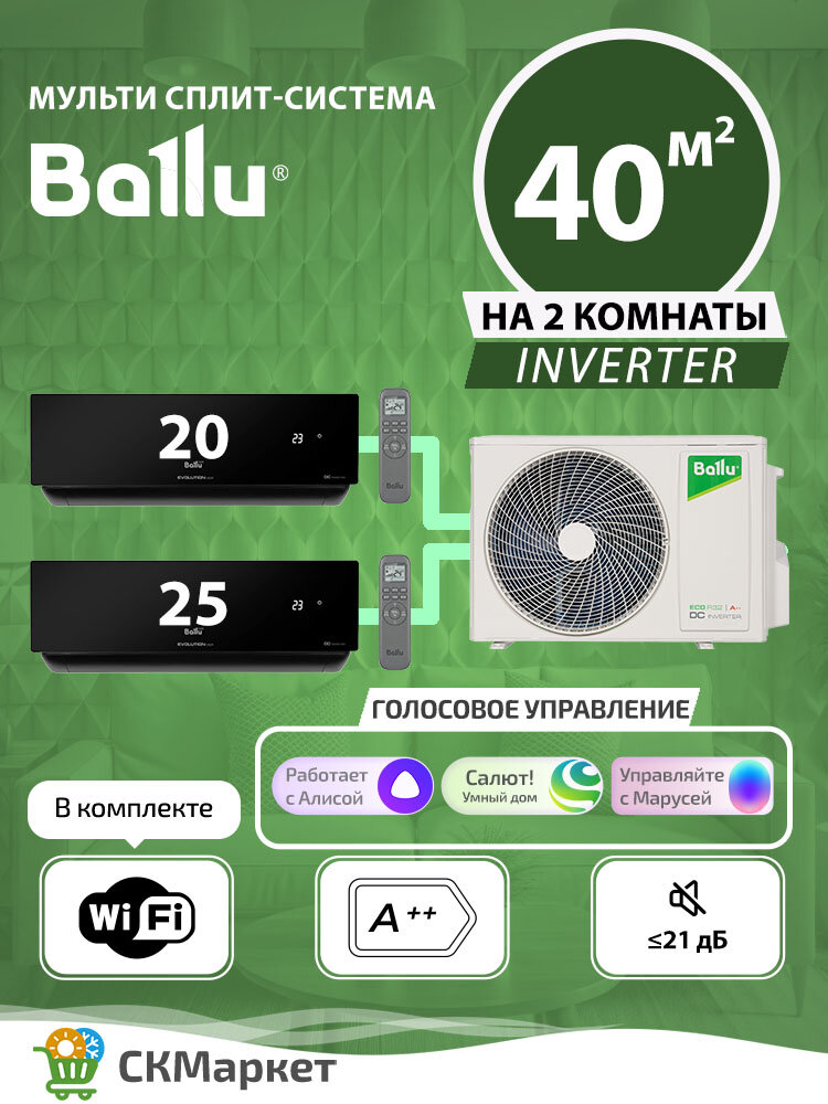 Мульти сплит система на 2 комнаты с Wi-Fi (20+25) кв. м. BALLU Platinum Evolution BSUI-FM/in-07+09HN8/EU (BL)/ BA2OI-FM/out-14HN8/EU, кондиционер инверторный, комплект черного цвета