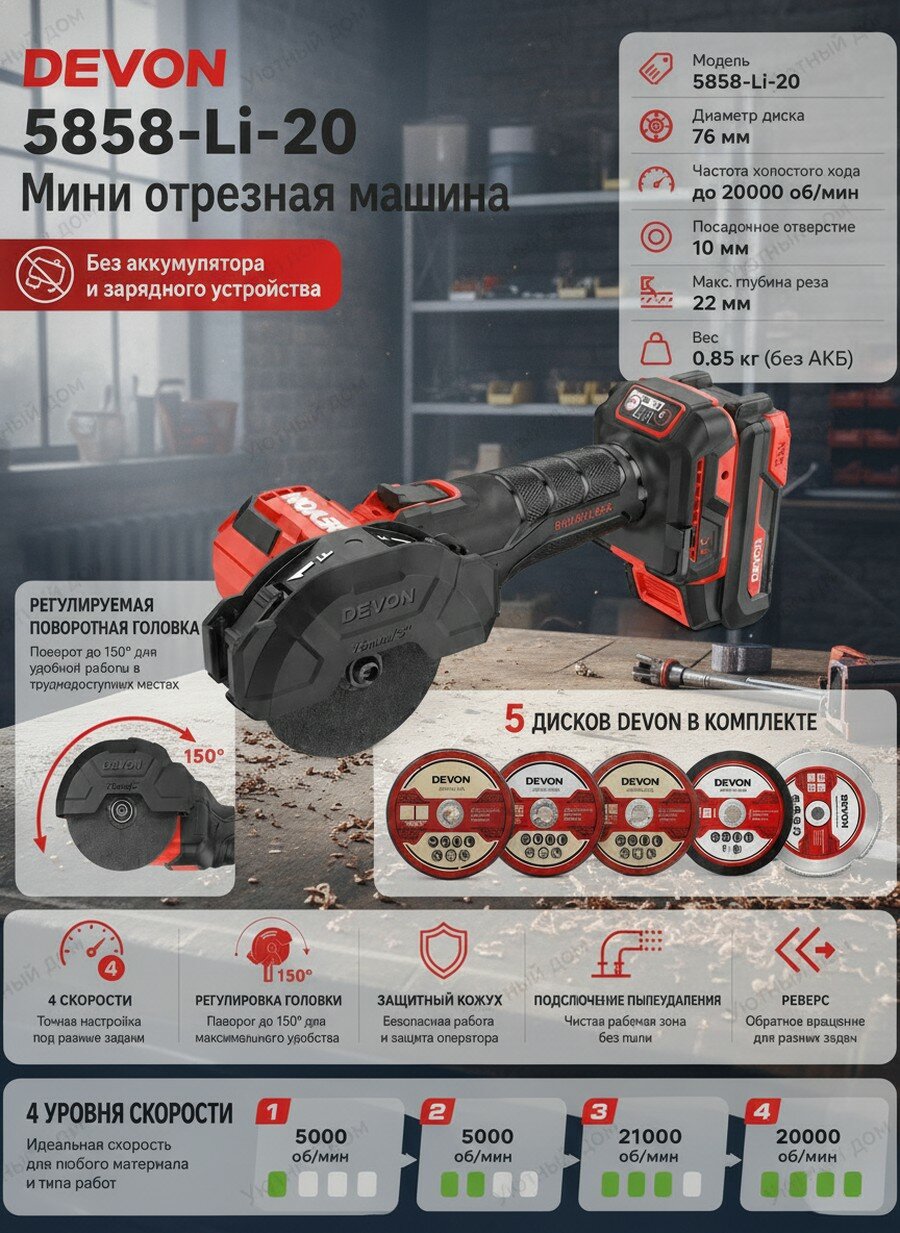 Мини-отрезная машина аккумуляторная бесщёточная модель 5858-Li-20, диск 76 мм, глубина реза до 22 мм