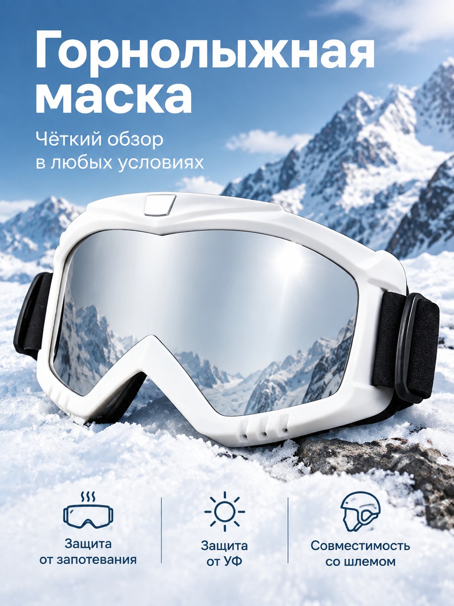 Горнолыжная маска для взрослых с защитой от запотевания и УФ, белая, серебристая линза