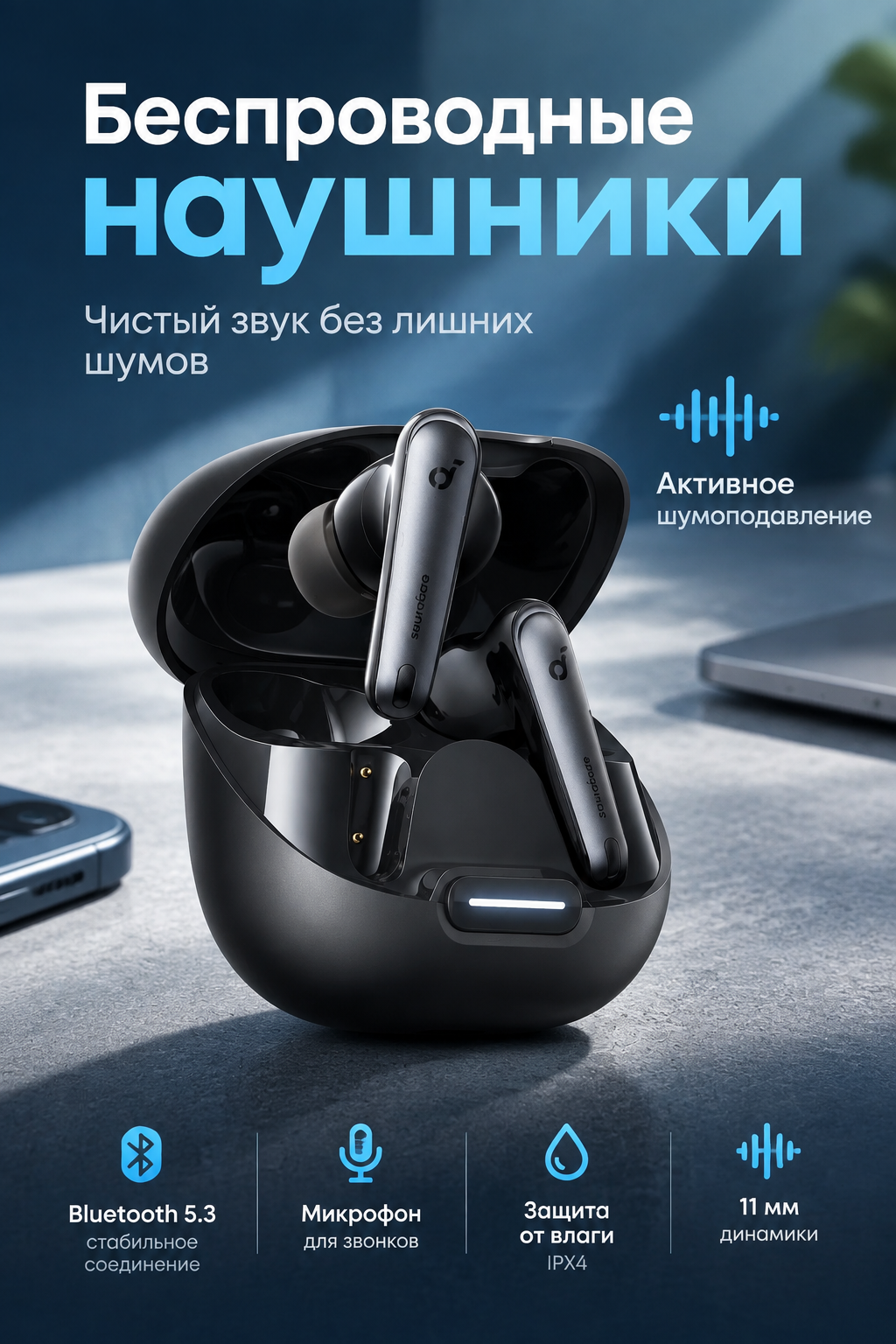 Черные внутриканальные TWS-наушники с активным шумоподавлением и Bluetooth 5.3