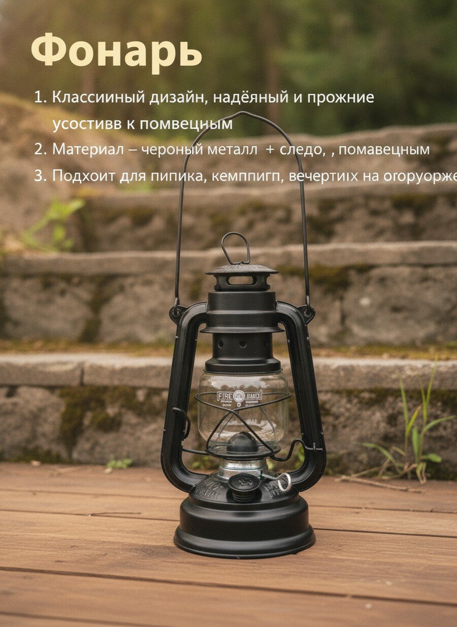 Ретро керосиновый фонарь ручной, матовый черный, 26x15.5x13 см, Кинетическое питание, Для кемпинга и походов