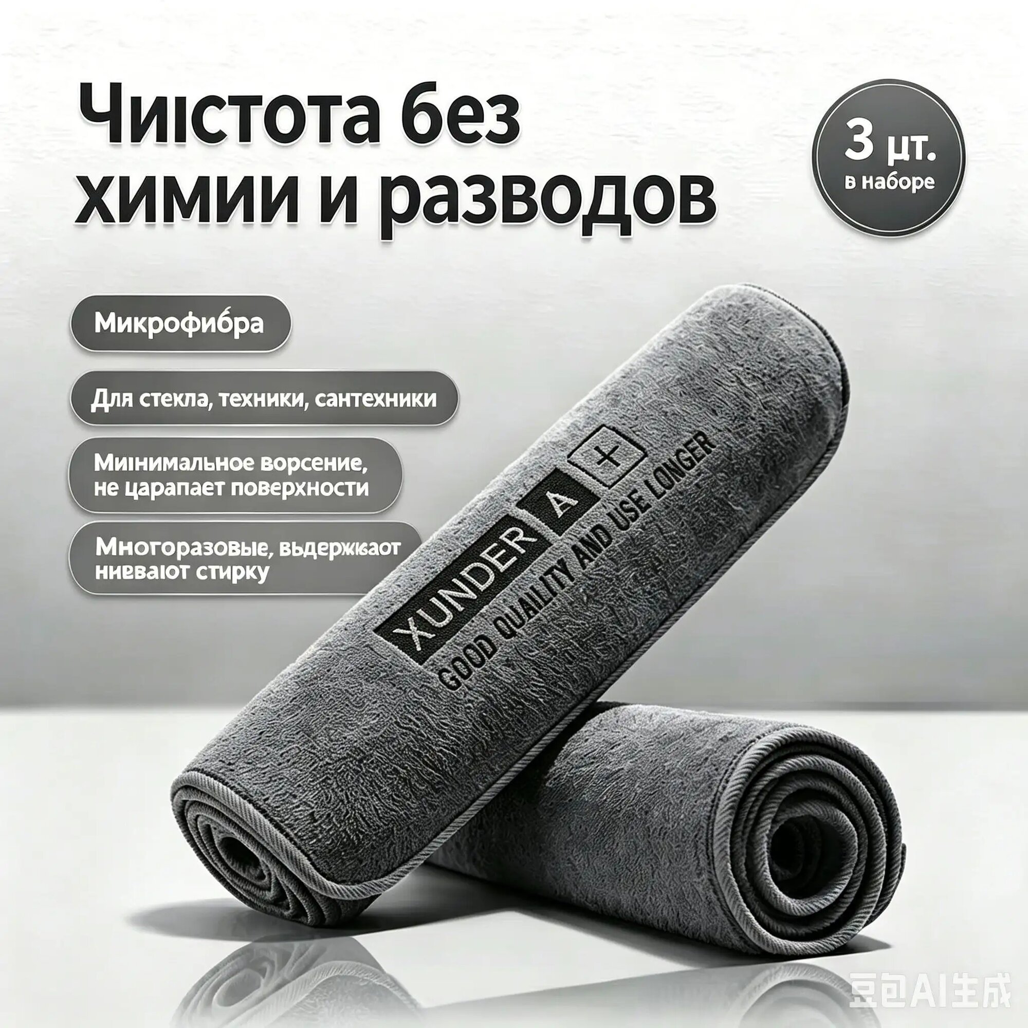Салфетки микрофибра 30х30 см, 3 шт в наборе, без разводов, не царапают, 1 комплект