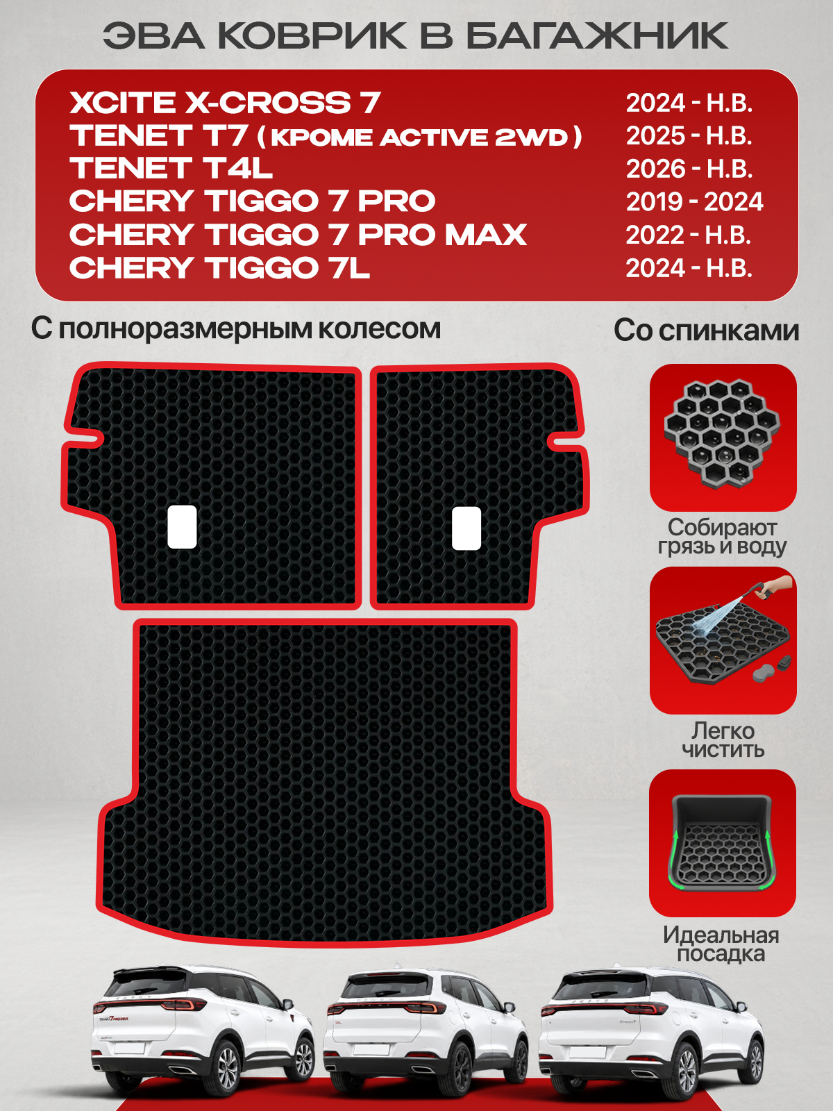 Коврик в багажник и на спинки сидений для XCITE X-CROSS 7, Chery Tiggo 7 Pro / 7 Pro Max, Tiggo 7L, Tenet T7( кроме Active 2WD), TENET T4L (с полноразмерным колесом), с красным кантом ( Икссайт Икс 7, Тенет Т4Л / T7 , Черри Тигго 7 Про / 7 Про Макс / 7л )