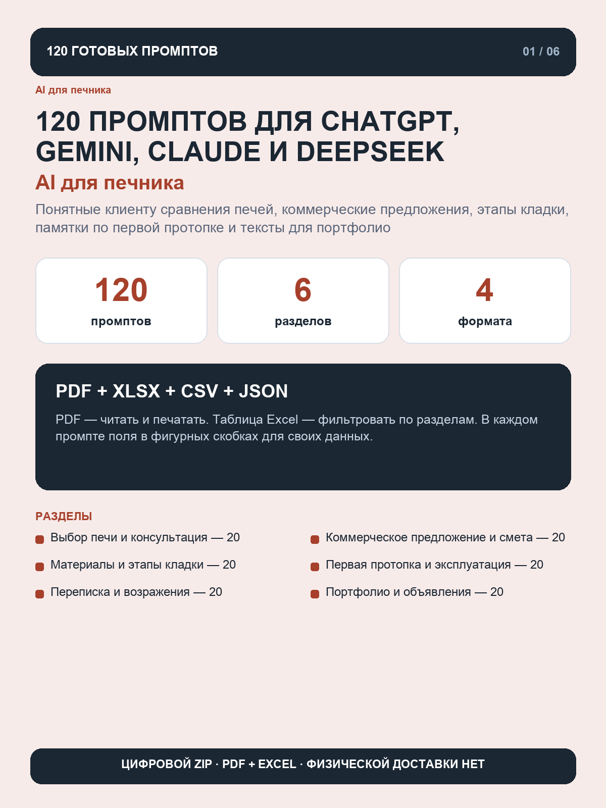 Книга промптов для печника: 120 запросов для ChatGPT, Gemini, Claude и DeepSeek, цифровая книга PDF A4