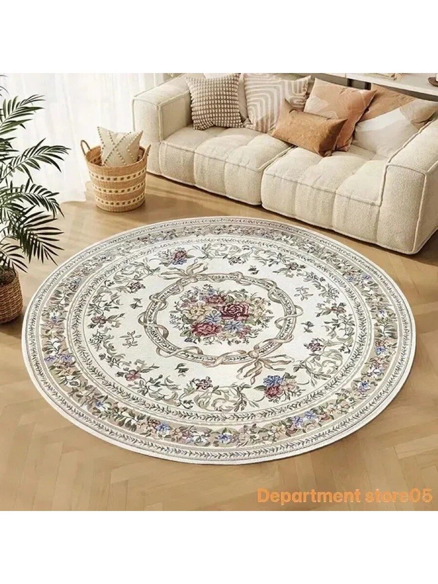 Ковер Жаккард 160x160 см, круглый, бежевый, полиэстер, с цветочным узором