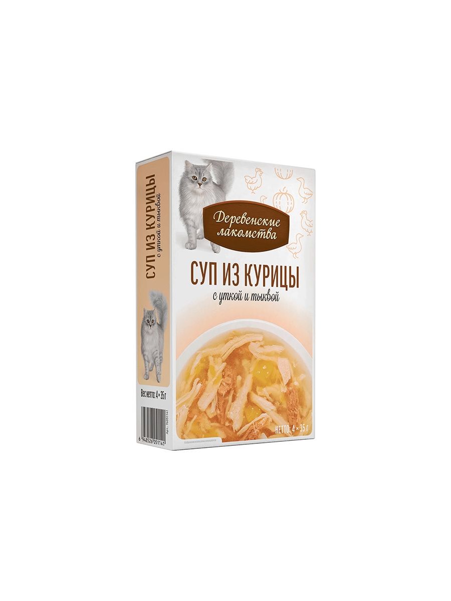 Деревенские лакомства Суп для кошек из курицы с уткой и тыквой, 4шт х 35 гр