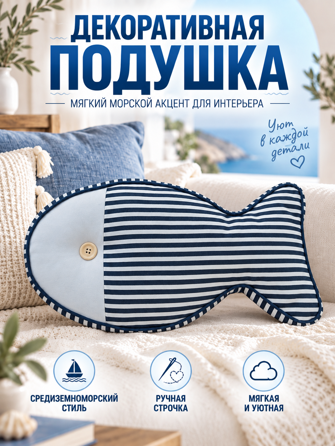 Декоративная подушка в форме рыбы, мягкая тканевая подушка в средиземноморском стиле для дивана в гостиной
