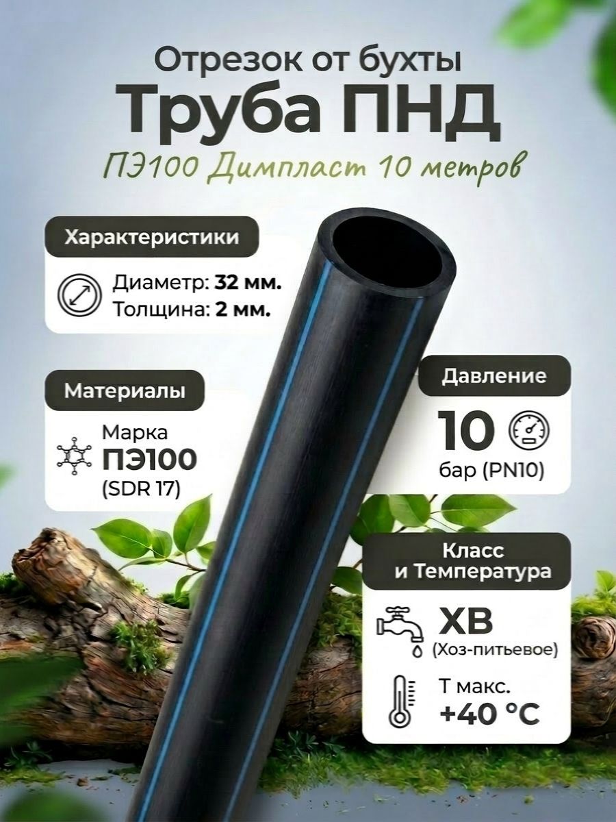 ПНД труба диаметром 32мм толщиной 2мм Димпласт ПЭ100 (SDR 17) (отрезок - 10 метров)