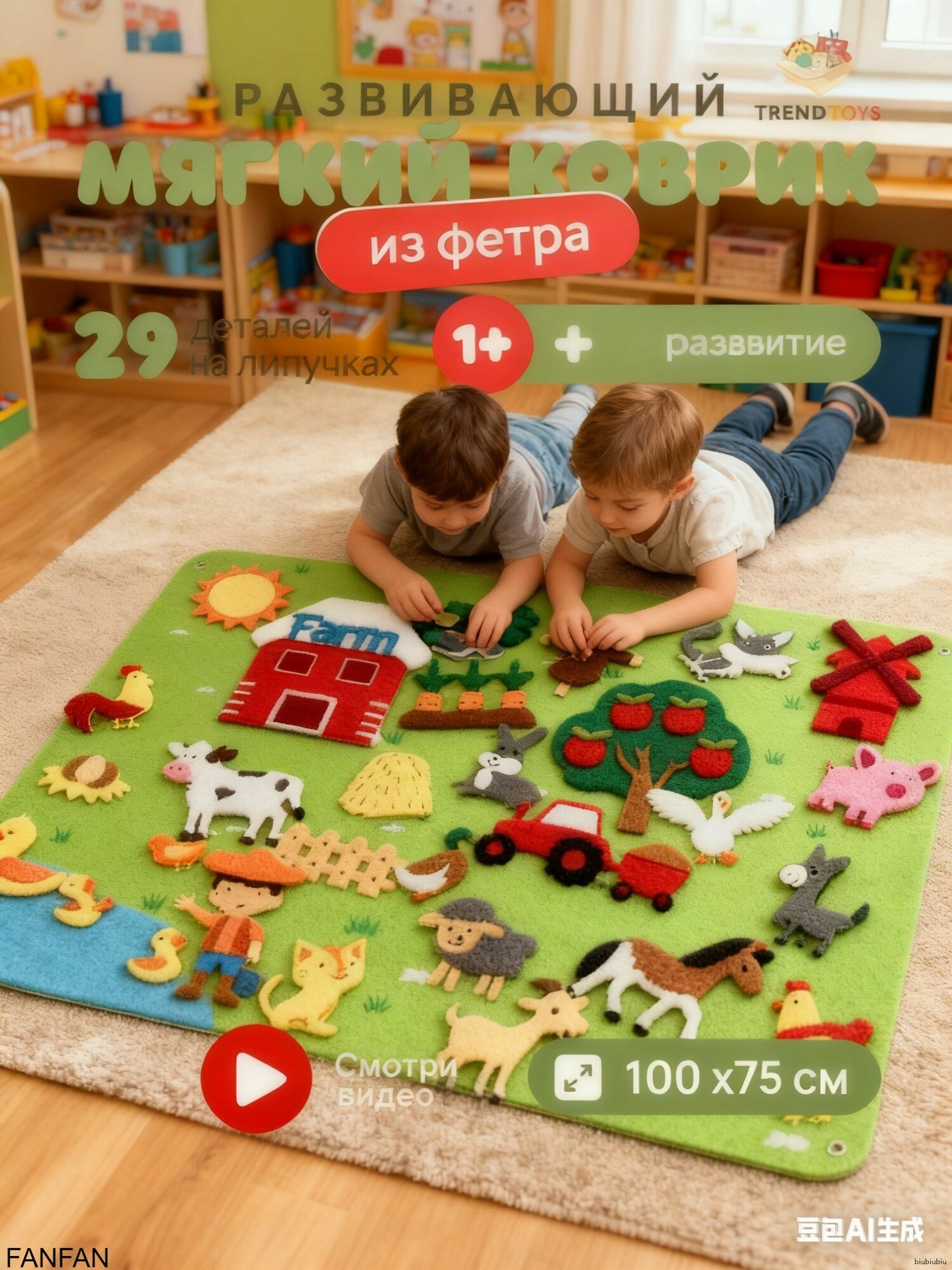 Обучающая игра на липучках для малышей из фетра Ферма. Развивающие игрушки от 1 года животные. Игровой коврик для малышей