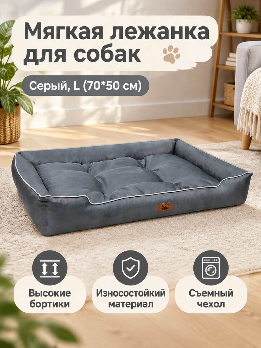 Лежак для собаки из прочной оксфордской ткани, размер L (70x50 см), цвет тёмно-серый, водонепроницаемый и Нескользящий коврик для сна