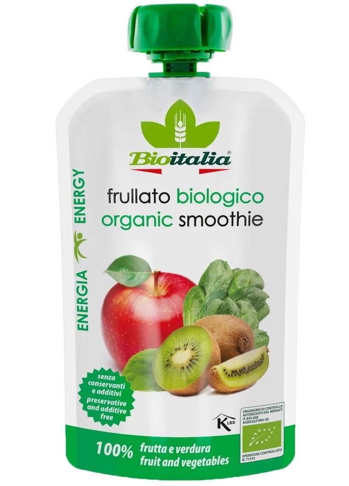 Пюре BIOITALIA из яблока, киви и шпината (смузи) /дой-пак/ 120г