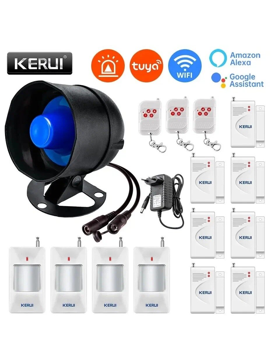 Комплект охранной сигнализации KERUI WIFI Сирена с инфракрасным детектором движения, дверной датчик 120 дБ для дома