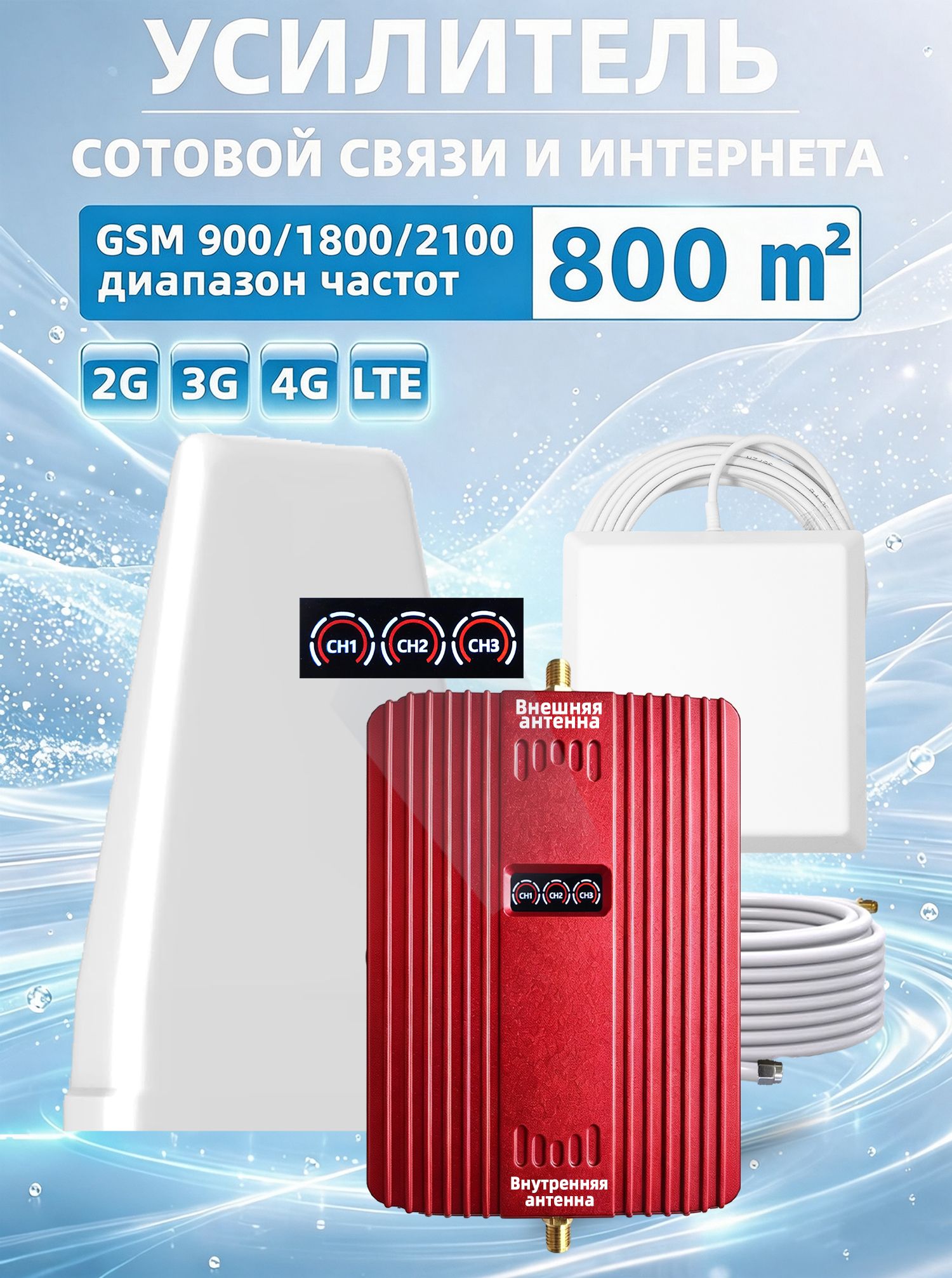 Усилитель сотовой связи-телефона 2G, 3G и 4G, 900 - 1800-2100 МГц -усилитель gsm сигнала
