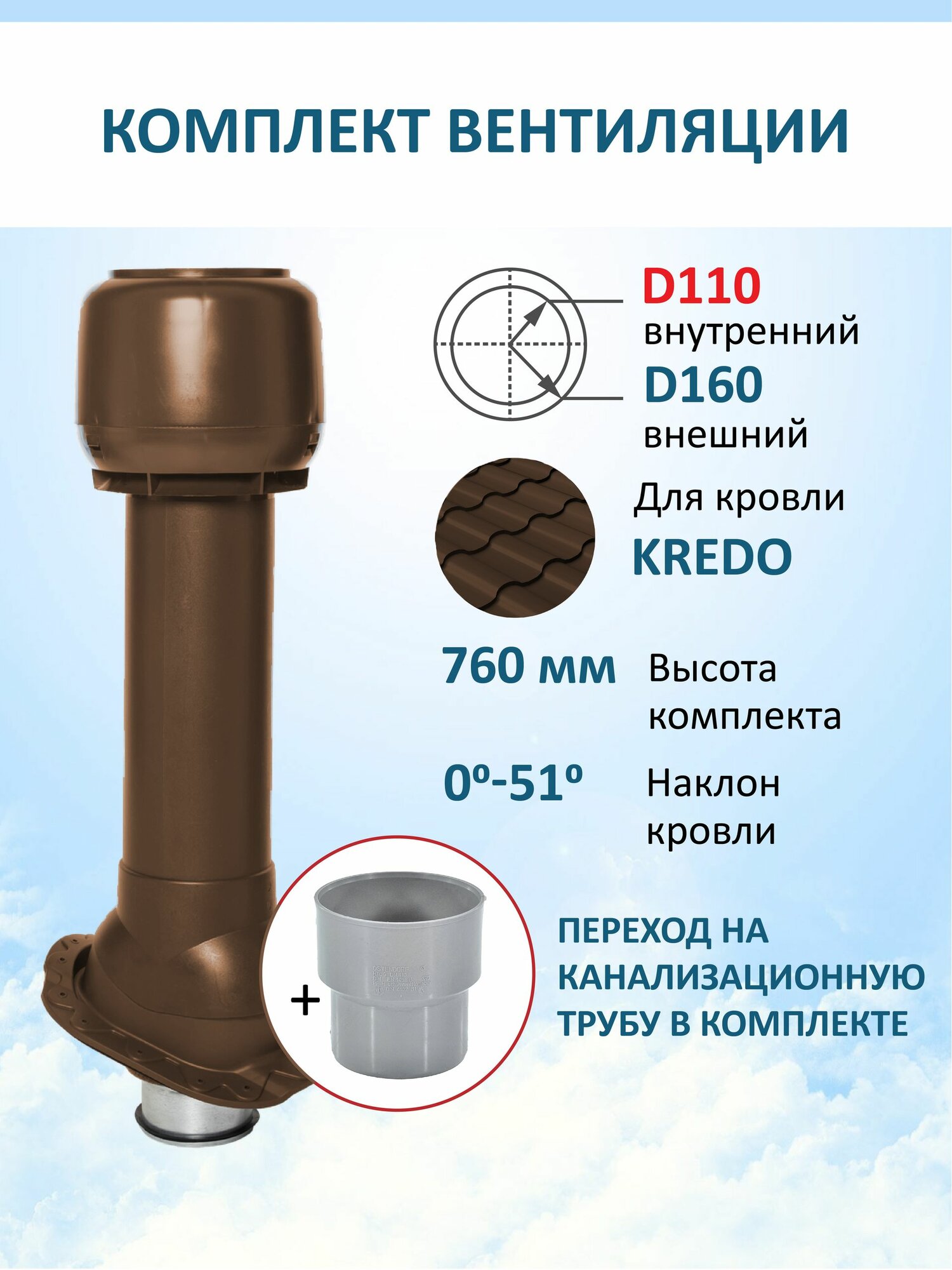 Комплект вентиляции: Колпак D160 утепленный, H-700 с переходом D110, для металлочерепицы Kredo
