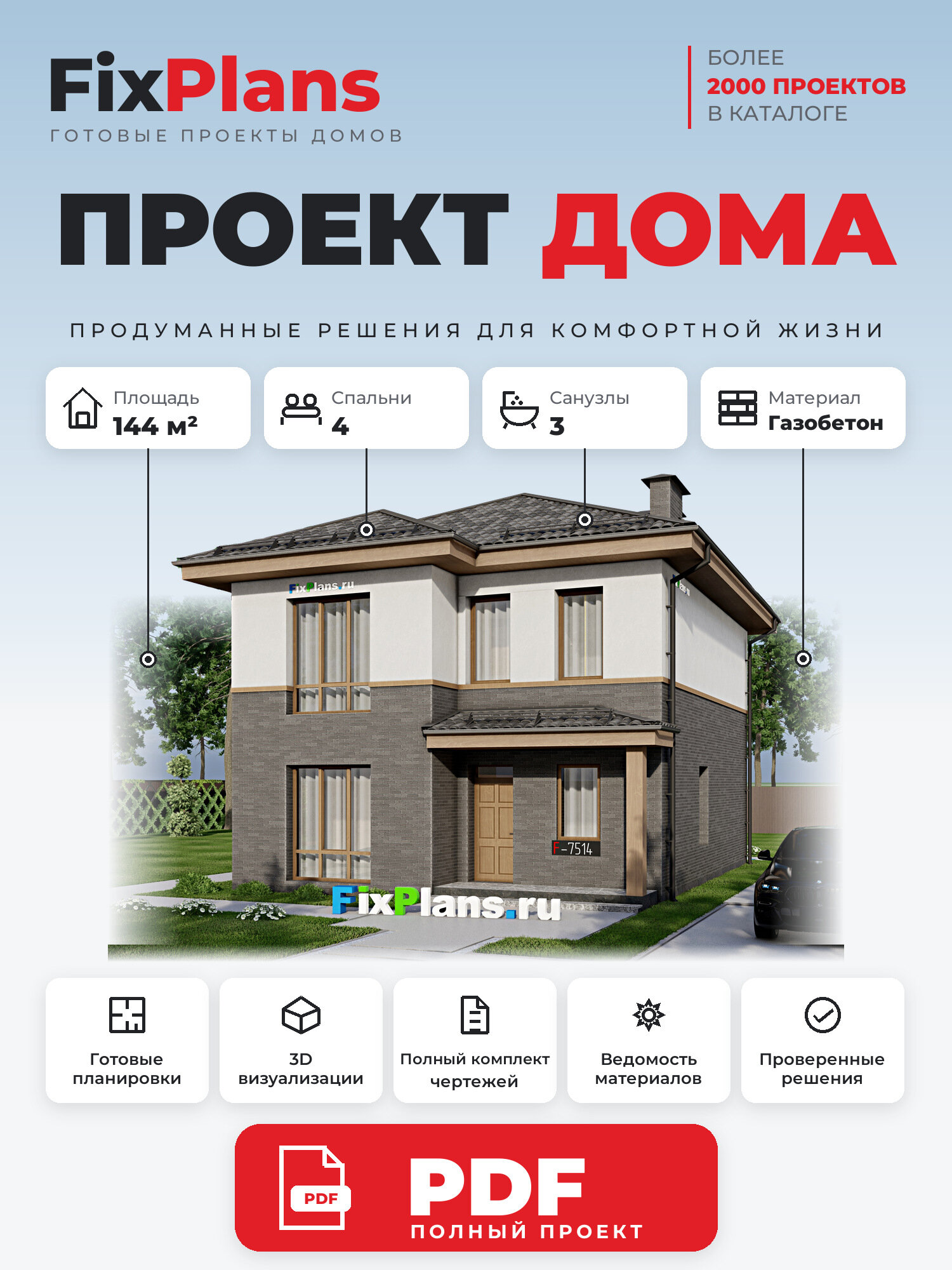Проект дома FIXPLANS. Двухэтажный. Площадь 139.6 м2 F-7514 Размер 11.47 х 8.95