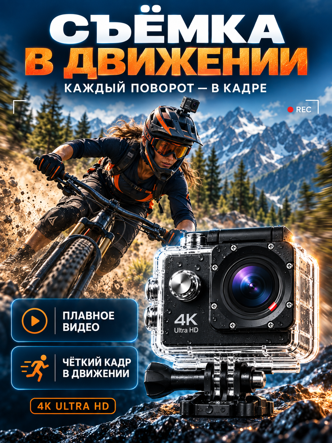 Экшн-камера 4K Wi-Fi водонепроницаемая, спортивная камера с аквабоксом 30 м и креплениями — фото 1