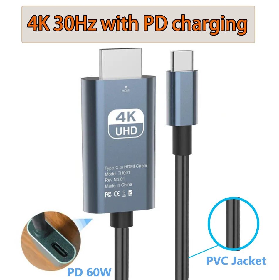 Кабель-переходник USB-C к HDMI 4K Type C USB-HDMI 4k с зарядкой через PD для Apple Macbook pro Dell Lenovo