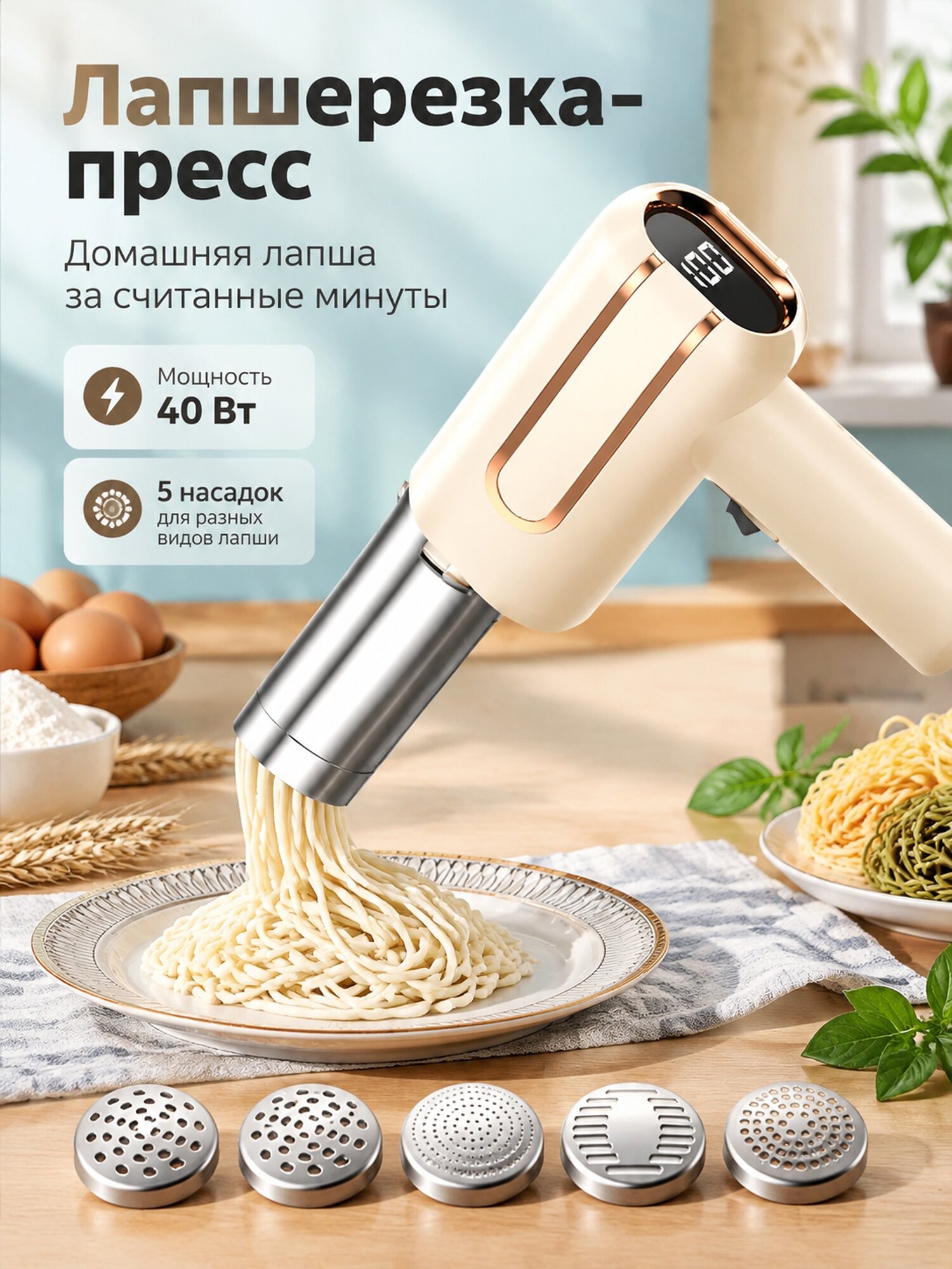 Аккумуляторная лапшерезка-пресс с 5 формующими насадками, 40 Вт