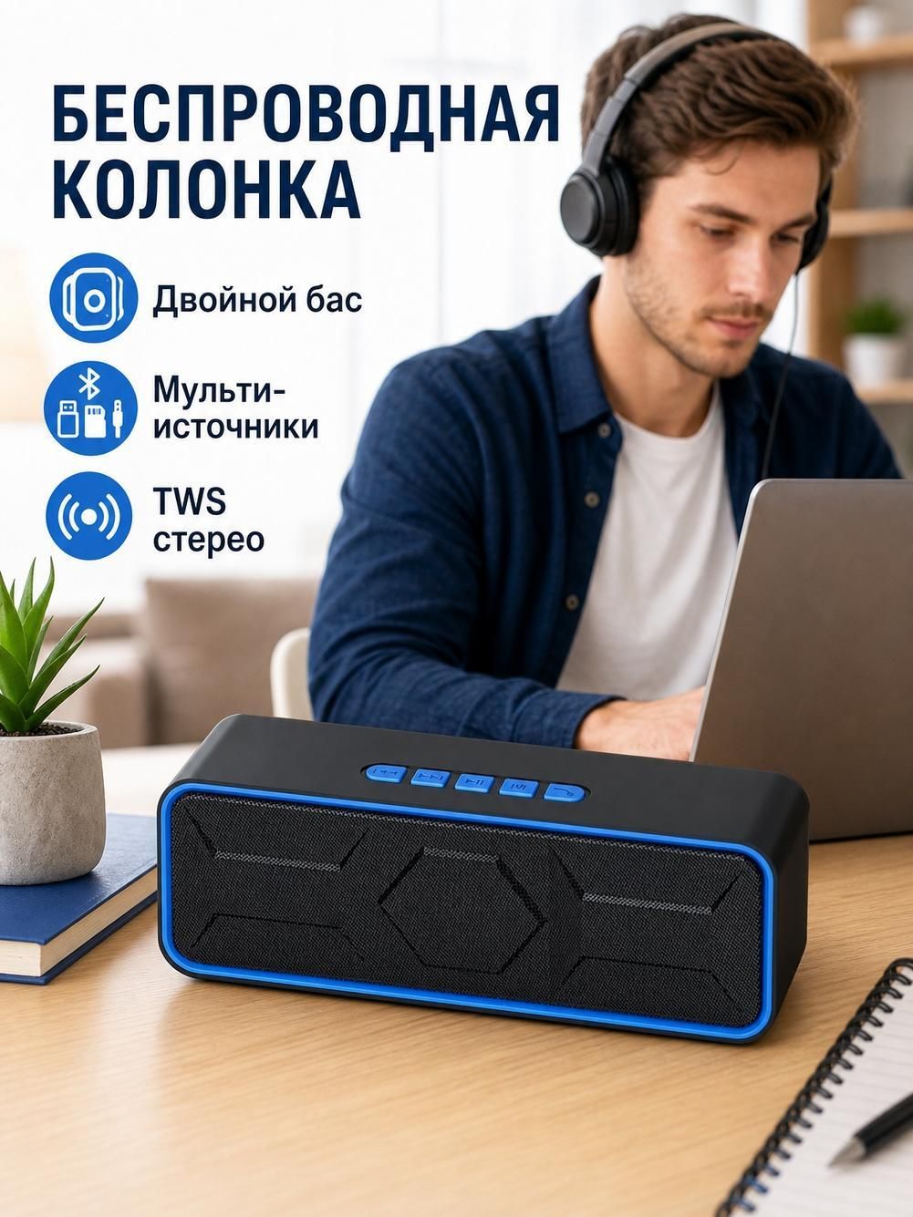 Портативная Bluetooth колонка с мощным басом , TWS динамик с аккумулятором, для телефона, ПК и дома