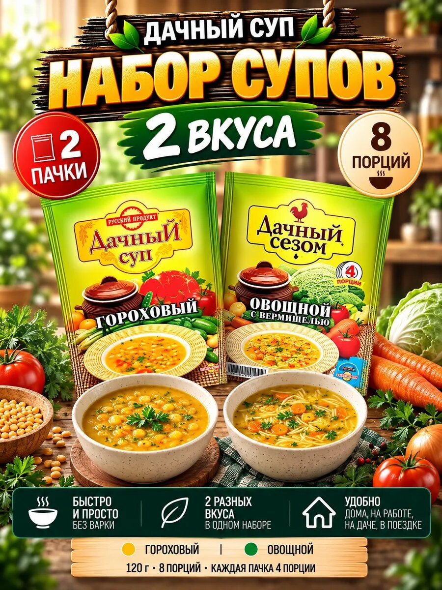 Набор супов 2 вкуса гороховый овощной 120г — супы быстрого приготовления