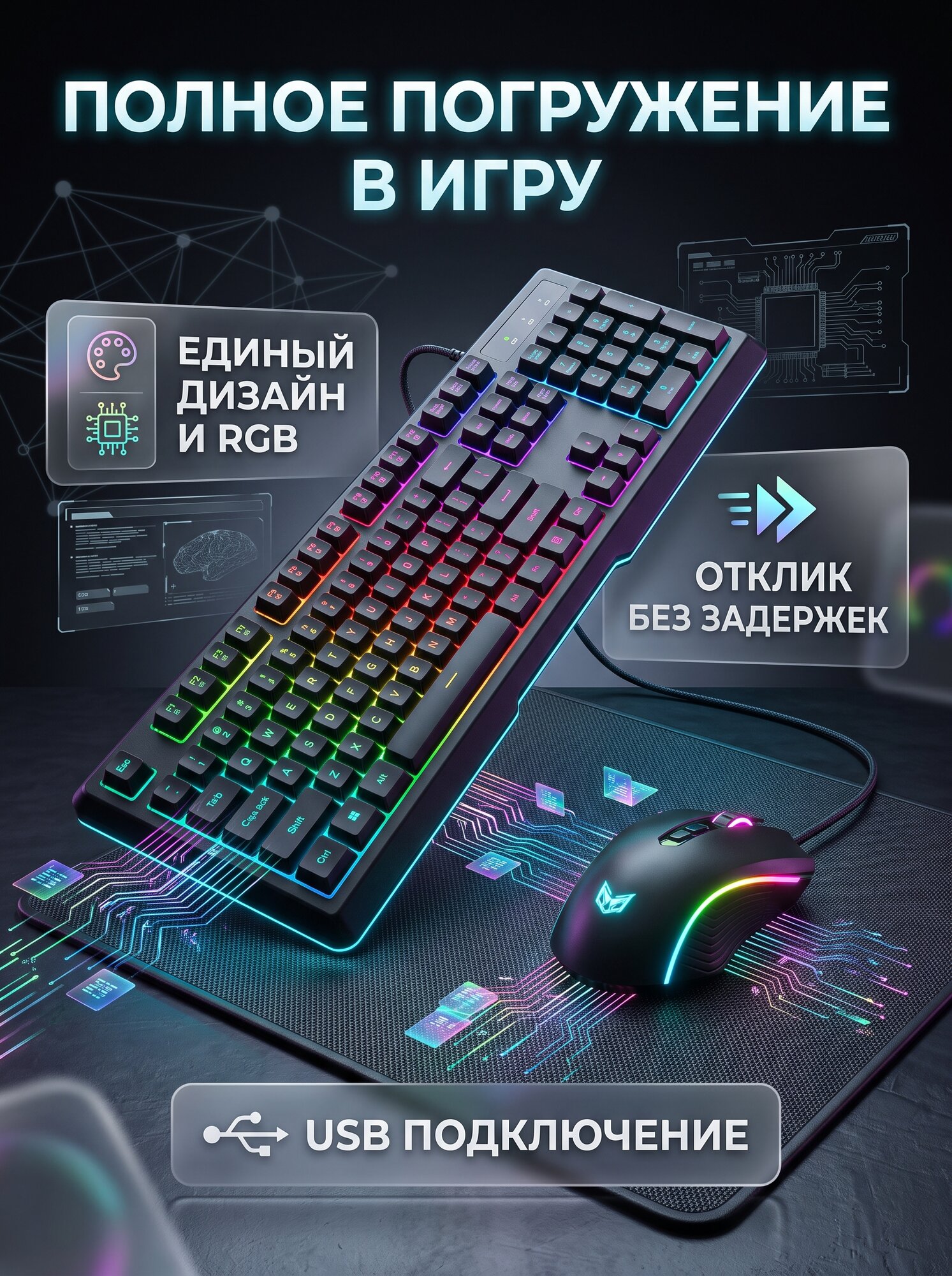 Игровой комплект 4 в 1 ABR TECHNOLOGY KM707+M01D10: Клавиатура, Мышь, Коврик, Наушники
