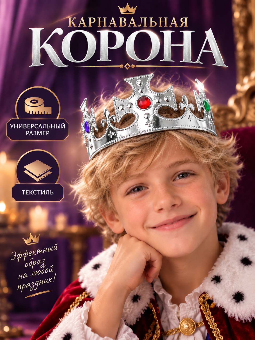 Корона короля Страна Карнавалия, регулируется длина, цвет серебристый