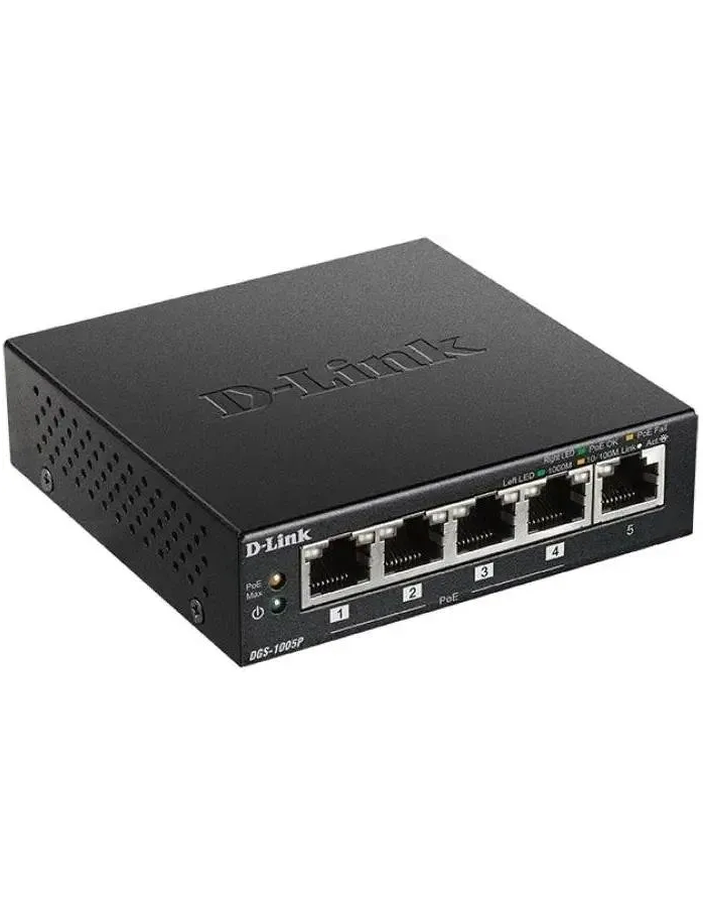 Коммутатор D-Link DGS-1005P/L, неуправляемый, 5x10/100/1000Base-T, 4xPoE 802.3af/at, бюджет 60Вт, металл