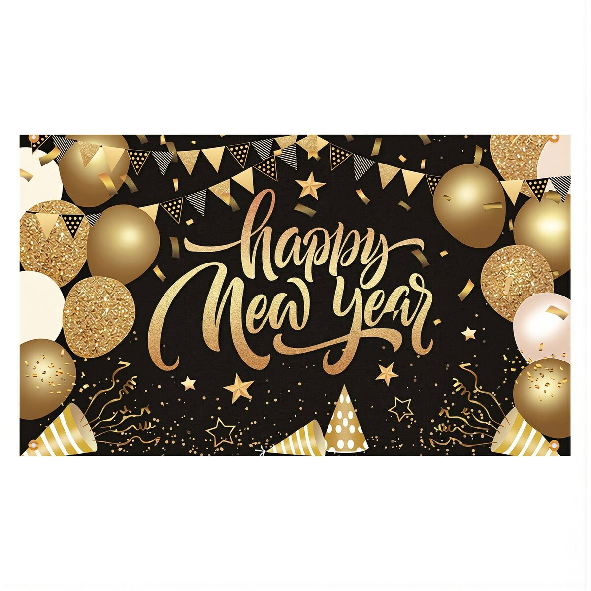 Новогодний тканевый фон баннер Happy New Year черно золотой с воздушными шарами размер 150 на 90 см для вечеринки, Вариант 3