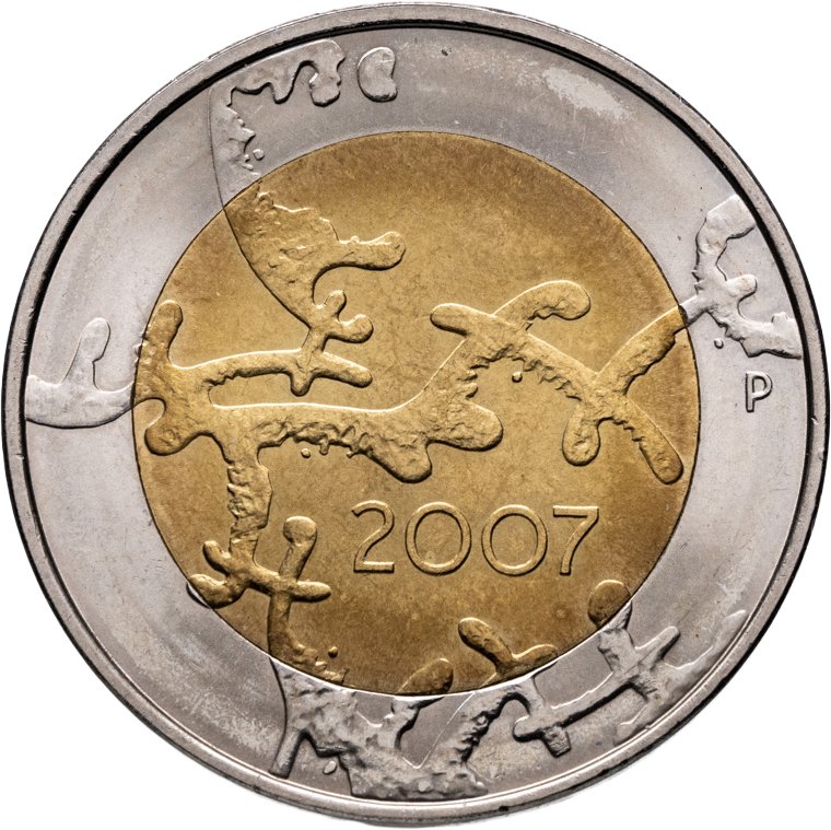 Финляндия 5 евро 2007 "90 лет независимости", Биметалл, в сохранности UNC