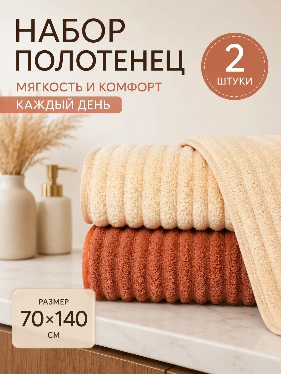Кондратьева Д. С Полотенце банное 70x140 см, микрофибра, бежевый, коричнево-красный, 2 шт