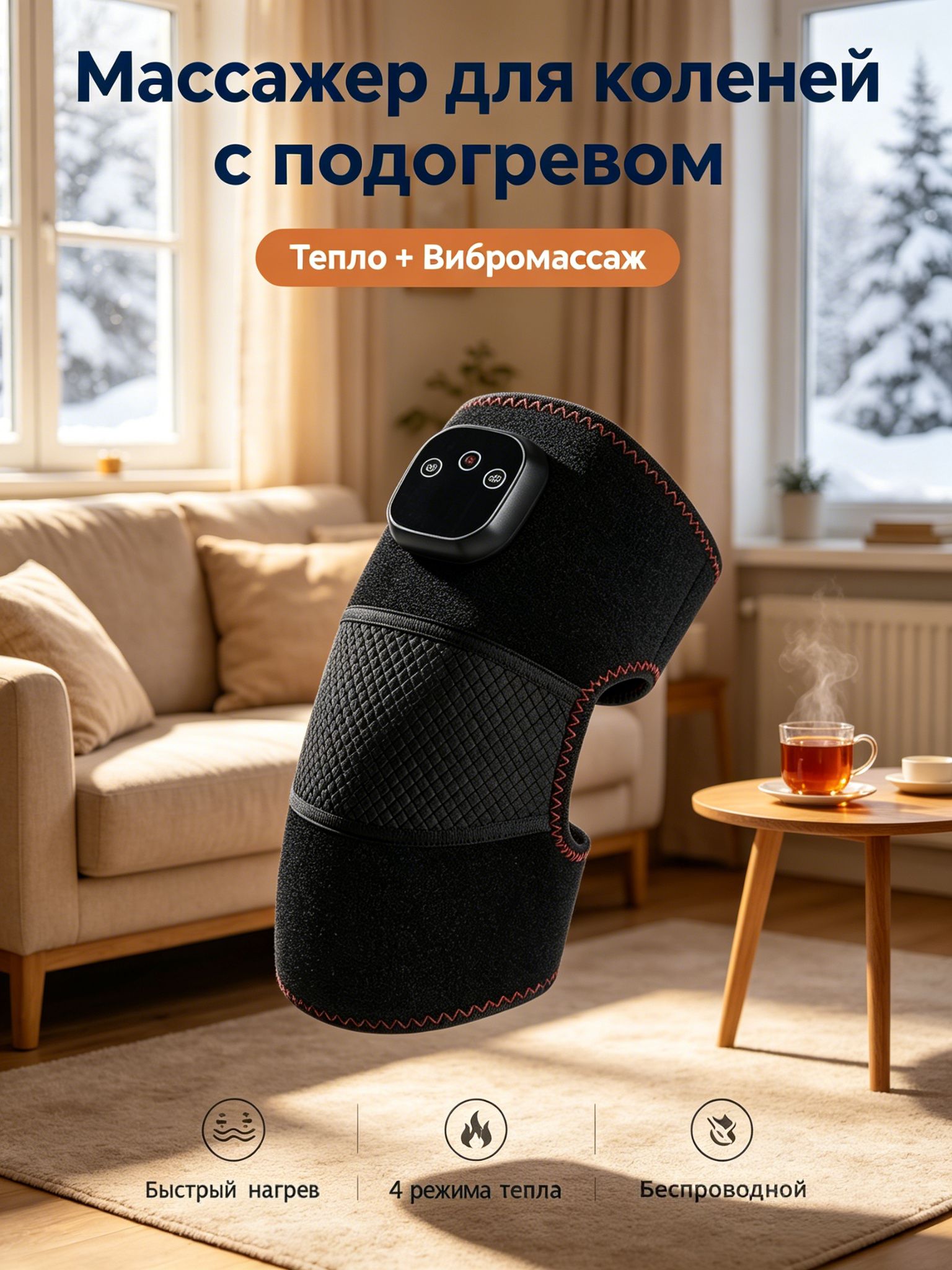 Массажер для коленей беспроводной с вибромассажем и графитовым подогревом, наколенник для суставов колен, локтей, плеч, автоотключение, 4 режима температуры