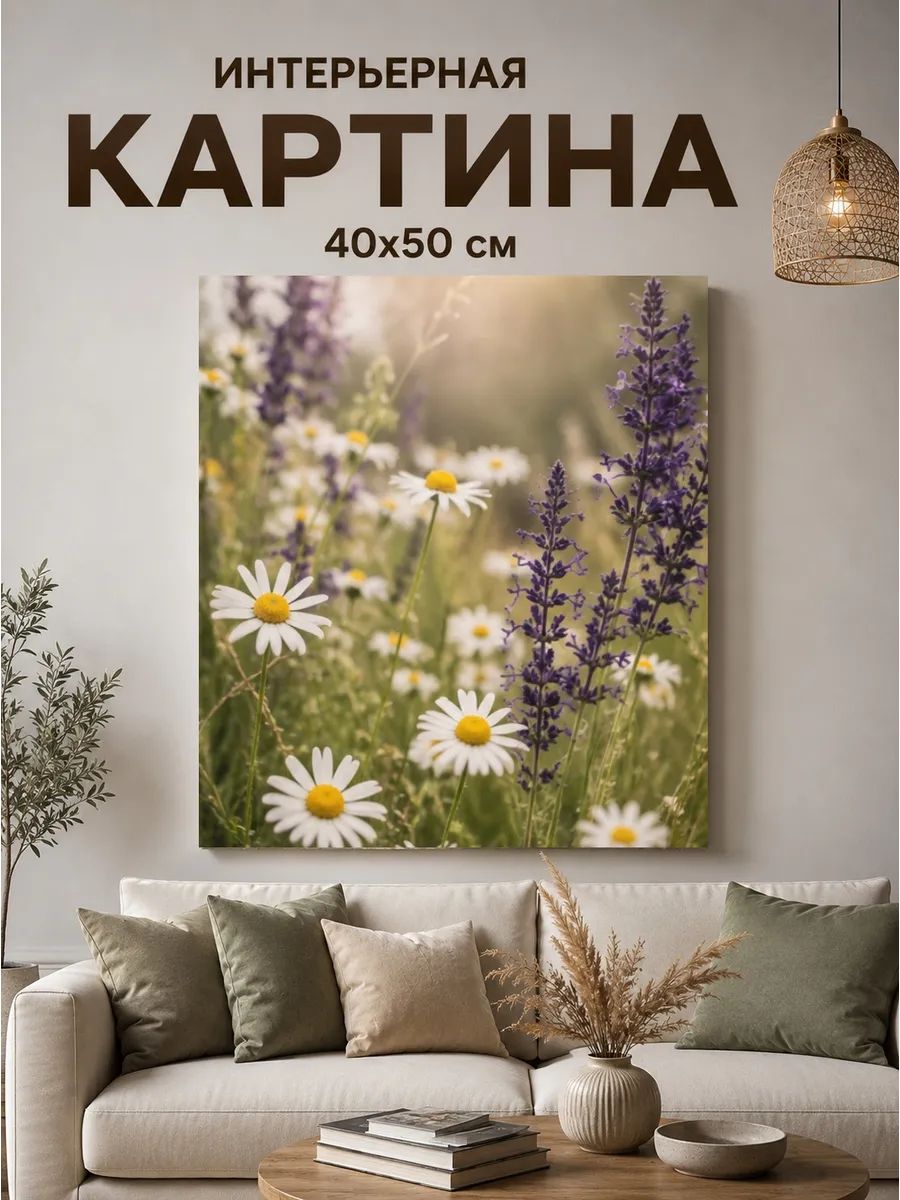 Картина на холсте интерьерная 40x50 Поле ромашек и шалфея