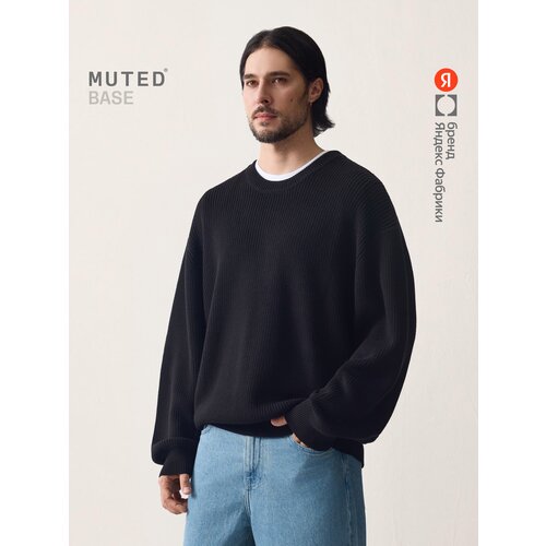 фото Свитер muted base свободного кроя из хлопка с круглым вырезом, размер m, , черный