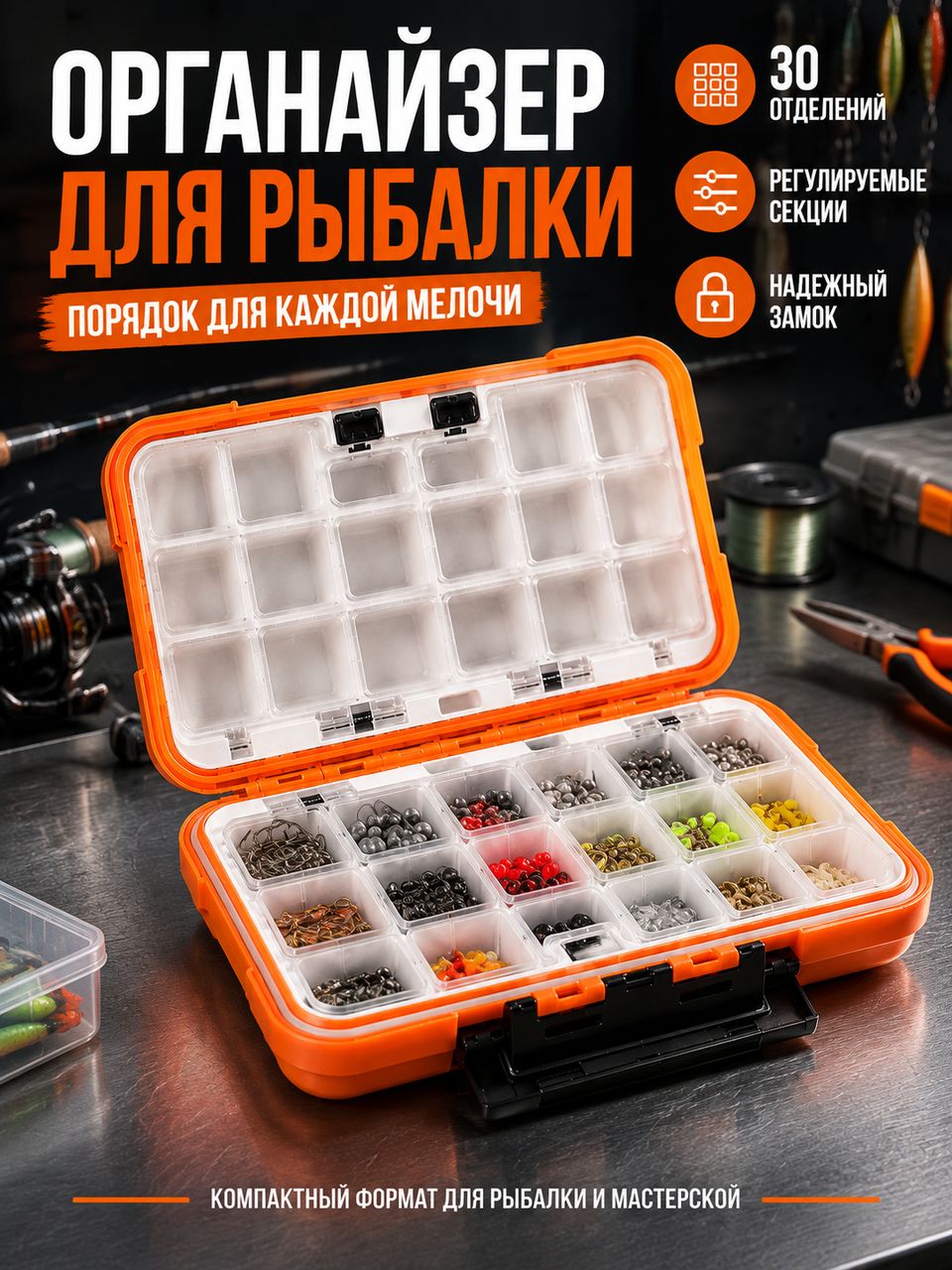 Органайзер для рыболовных снастей и приманок, коробка для блесен и воблеров, 30 секций, L