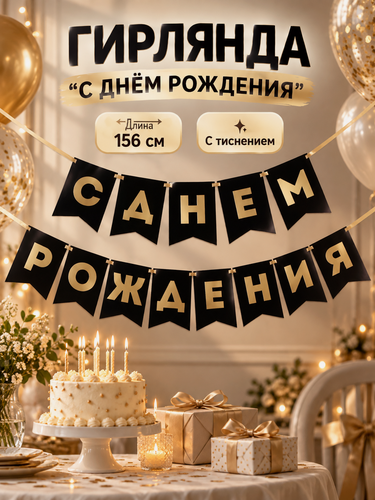 Изображение товара Гирлянда тиснение на бумаге «С Днем Рождения», черная, золотые буквы, дл. 156 см, 250 гр/кв. м
