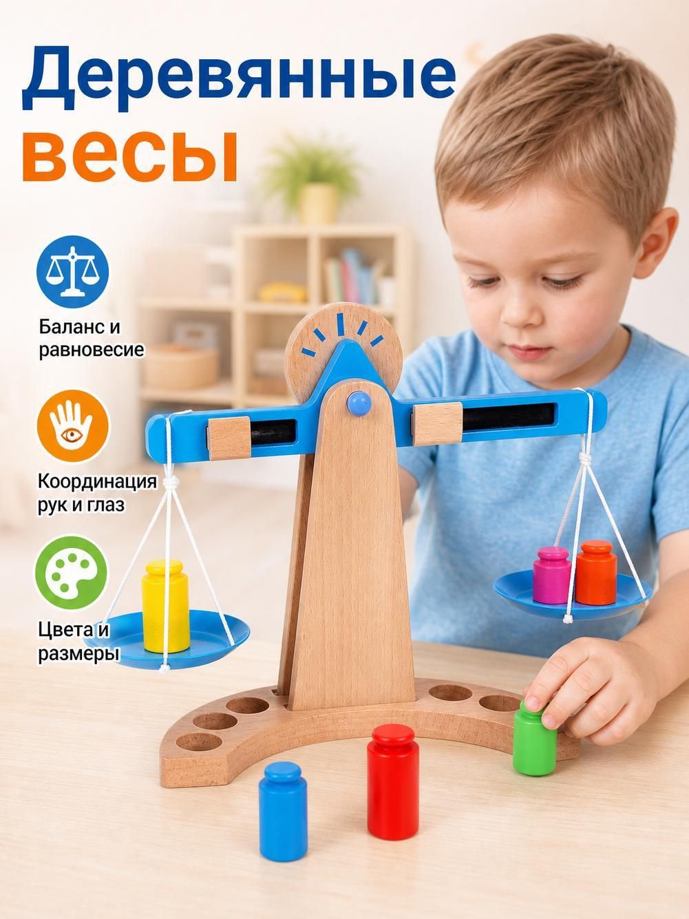 Деревянная образовательная игрушка-весы по методике Монтессори