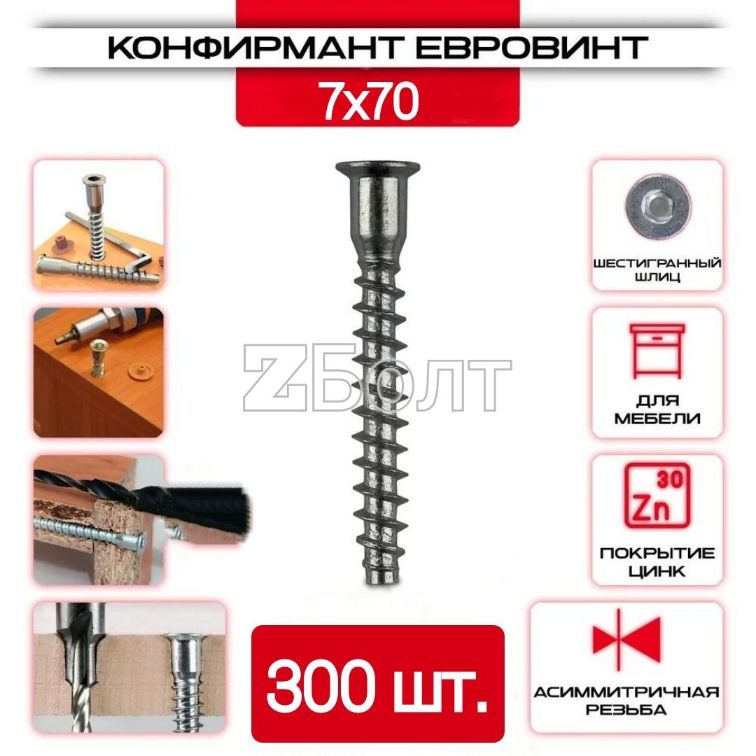 Конфирмат, 7х70 мм, мебельный винт (евровинт) zболт, 300 шт.