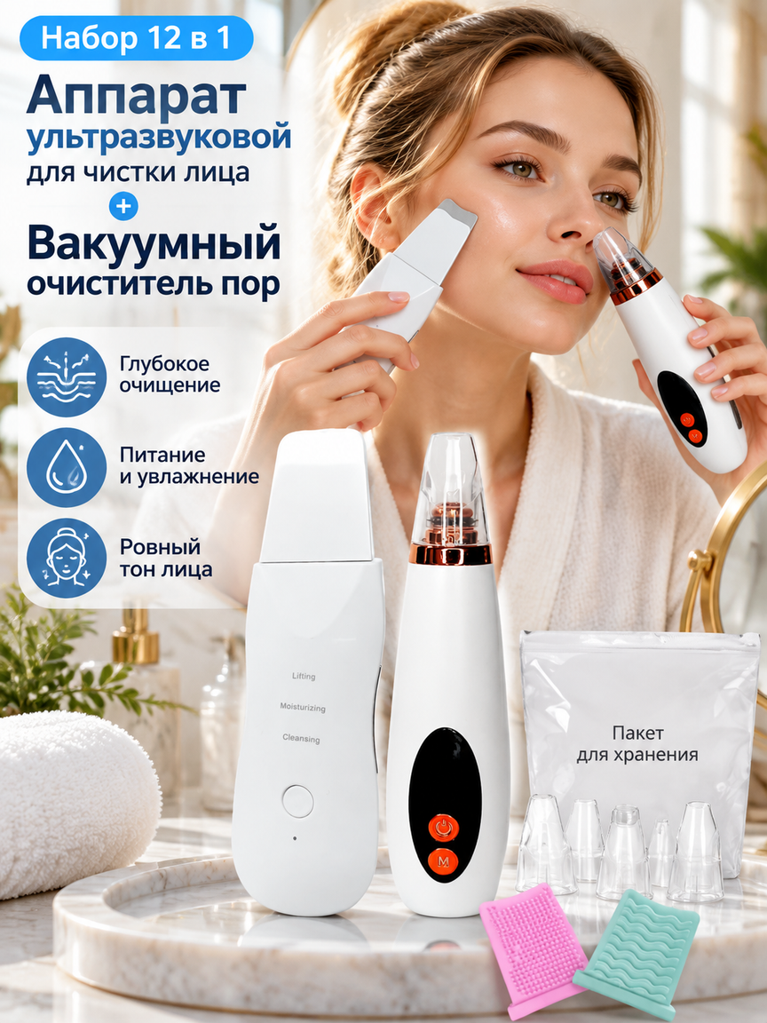 Ультразвуковой аппарат для чистки лица с вакуумным очистителем пор, набор 12 в 1 для дома
