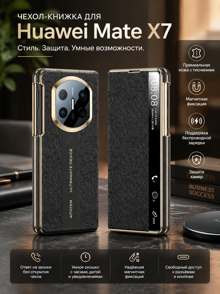 Чехол-книжка для Huawei Mate X7, кожаный флип с умным окошком, магнитный, защита камер, черный