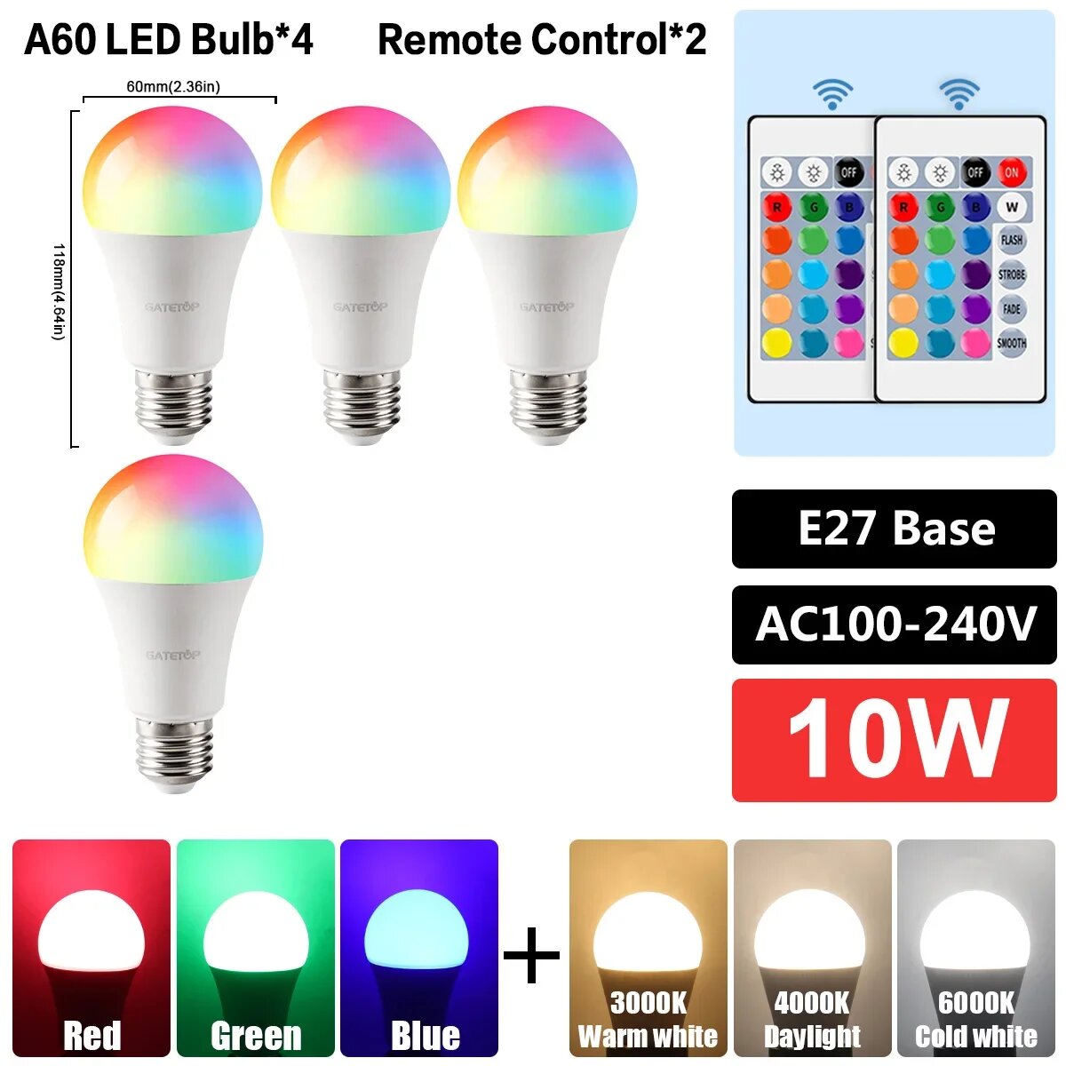 RGB светодиодная лампа A60 10W, 4шт, E27, RGB 6000K