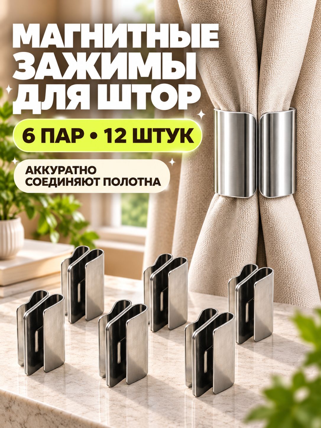 Магнитные зажимы для штор 6 пар 12 шт