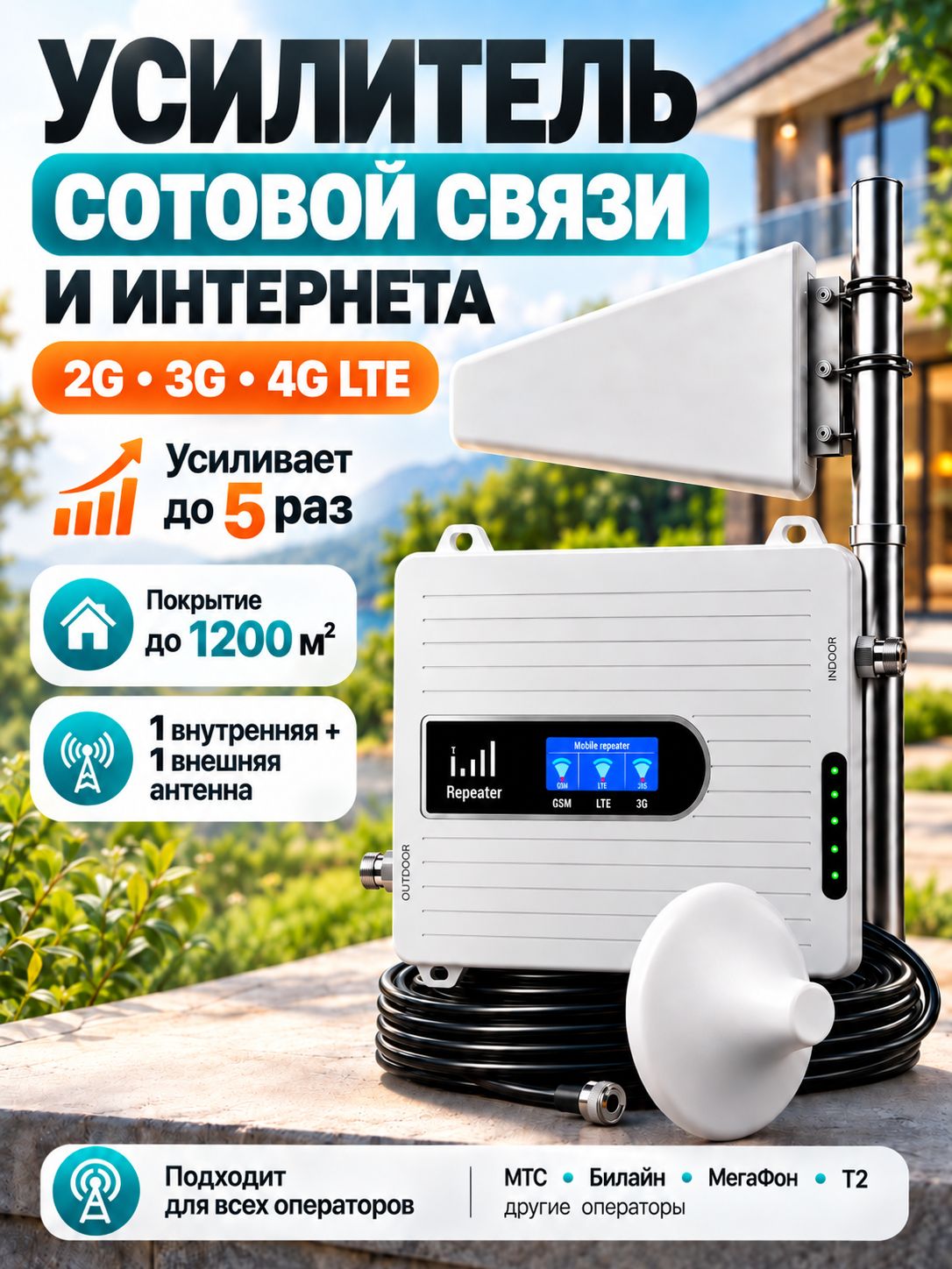 Усилитель сотовой связи и интернета, усилитель 4G LTE 3G 2G, репитер сигнала мобильной связи 900/1800/2100 МГц