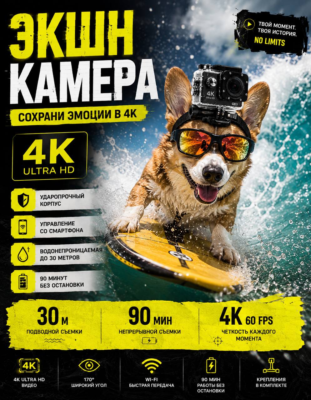 Экшн камера 4K Wi-Fi, спортивная экшен камера с аквабоксом 30 м