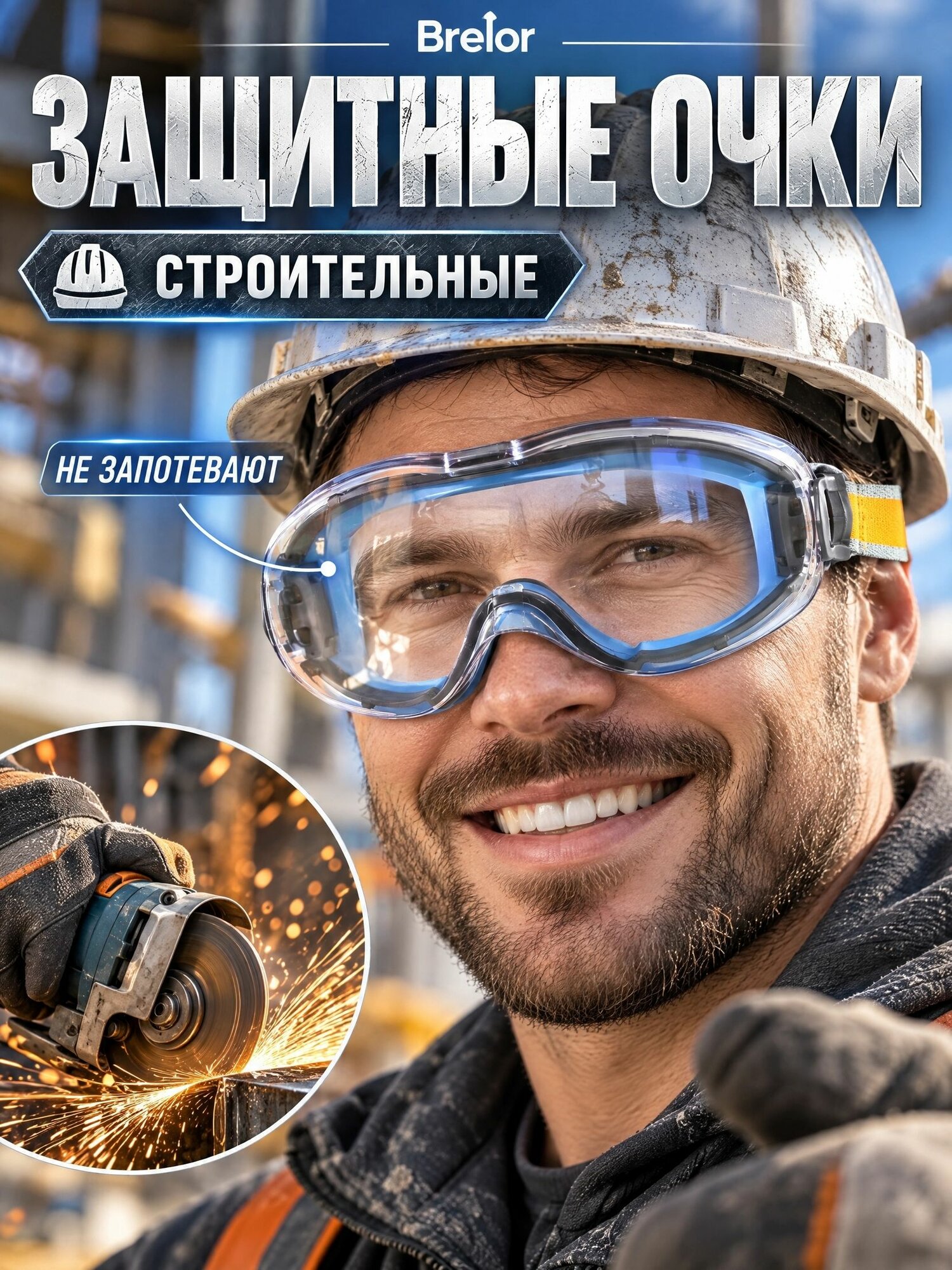 Очки защитные строительные прозрачные (синий уплотнитель).