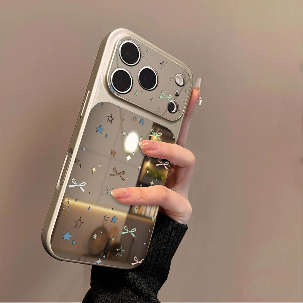 Оригинальный зеркальный чехол для Apple iPhone 14 Pro Max с узором звезда и бант Золотой 01FYJM4251