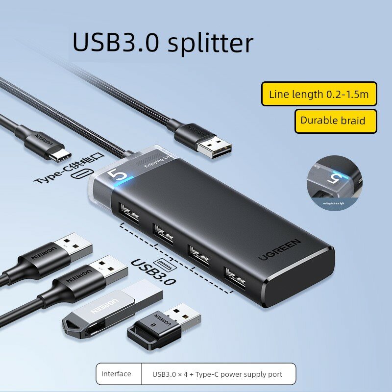 USB 3.0 Хаб с 4 портами USB 3.0 + питание Type-C, улучшенный синий свет + оплетенный кабель, длина 1.5м, регулируемая