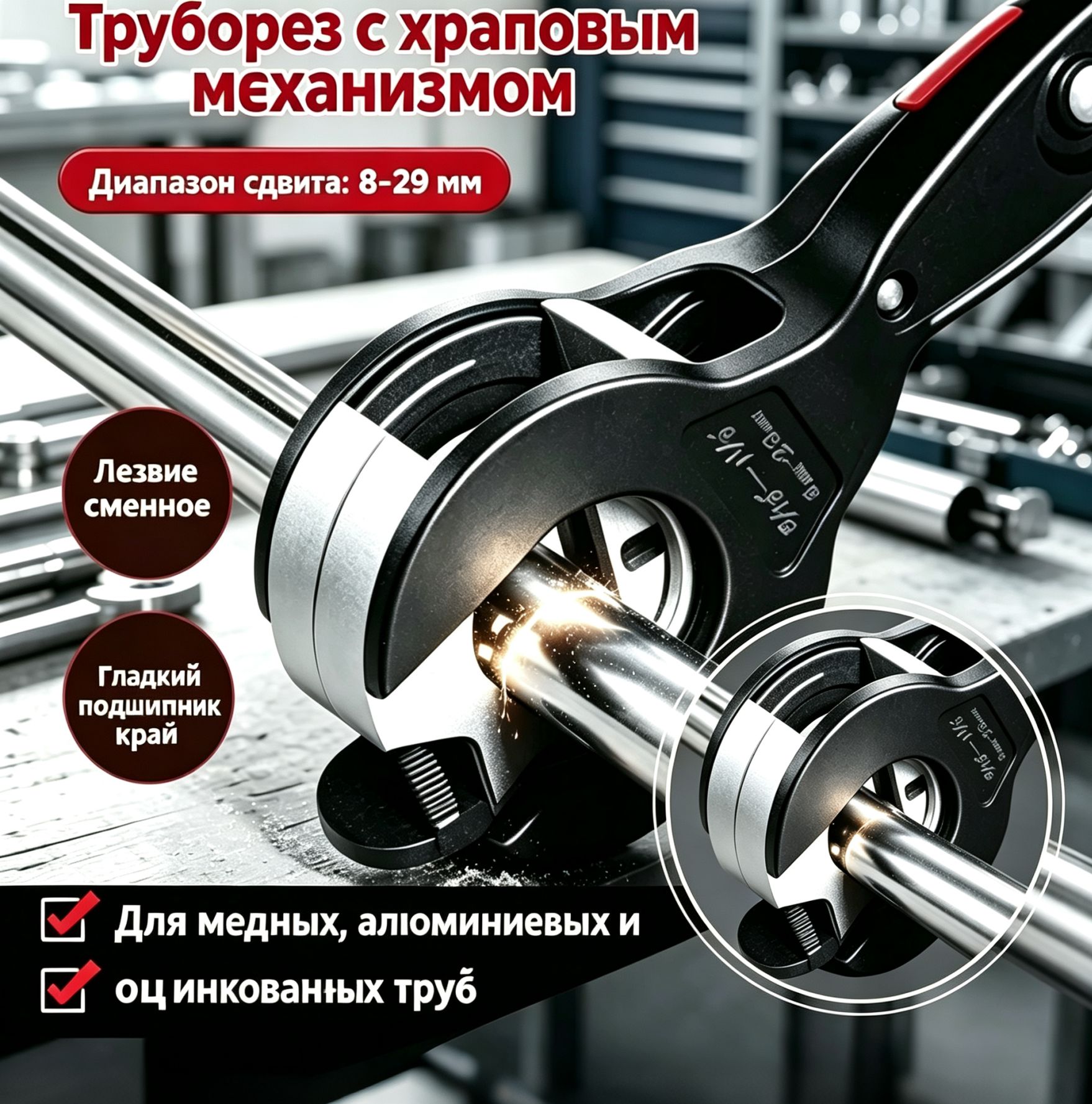 Труборез с храповым механизмом, 8-29 мм, для металлических и пластиковых труб