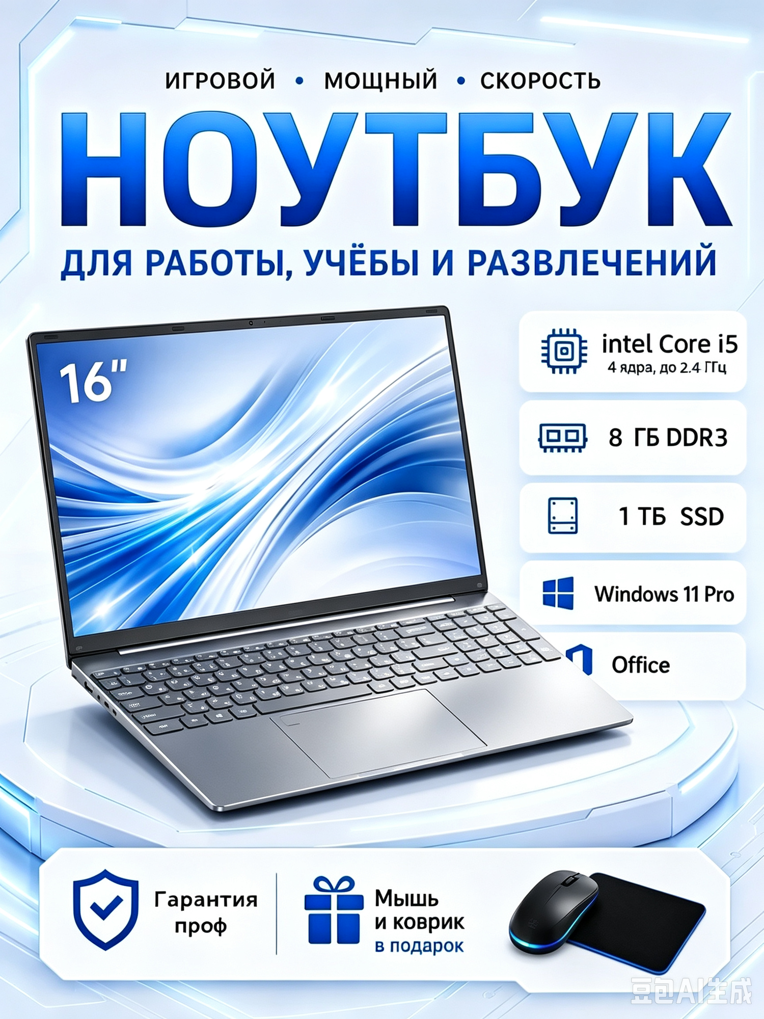 Ноутбук, IPS 1920x1080, Intel Core i5,8 ГБ RAM,1 ТБ SSD, Windows 11, WiFi